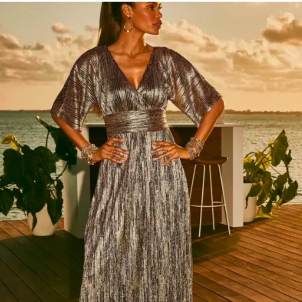 Lilly Pulitzer Parigi Maxi Dress Berry Crinkle Gold Metallic Size M